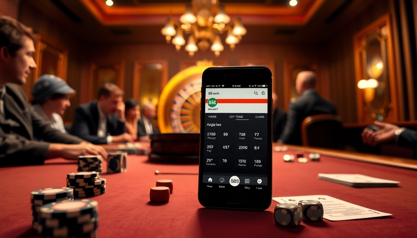 Experience the excitement at 68win's online casino with poker chips and a roulette wheel.