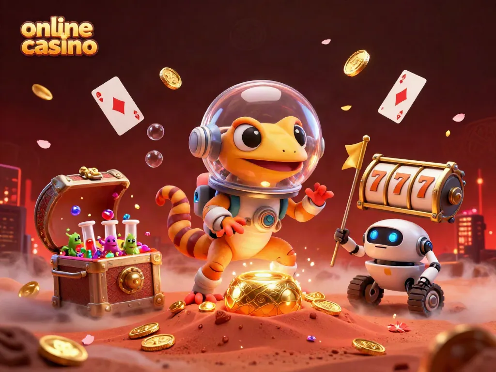 Experience the excitement of an online casino with a vibrant Martian scene featuring a gecko and casino games.