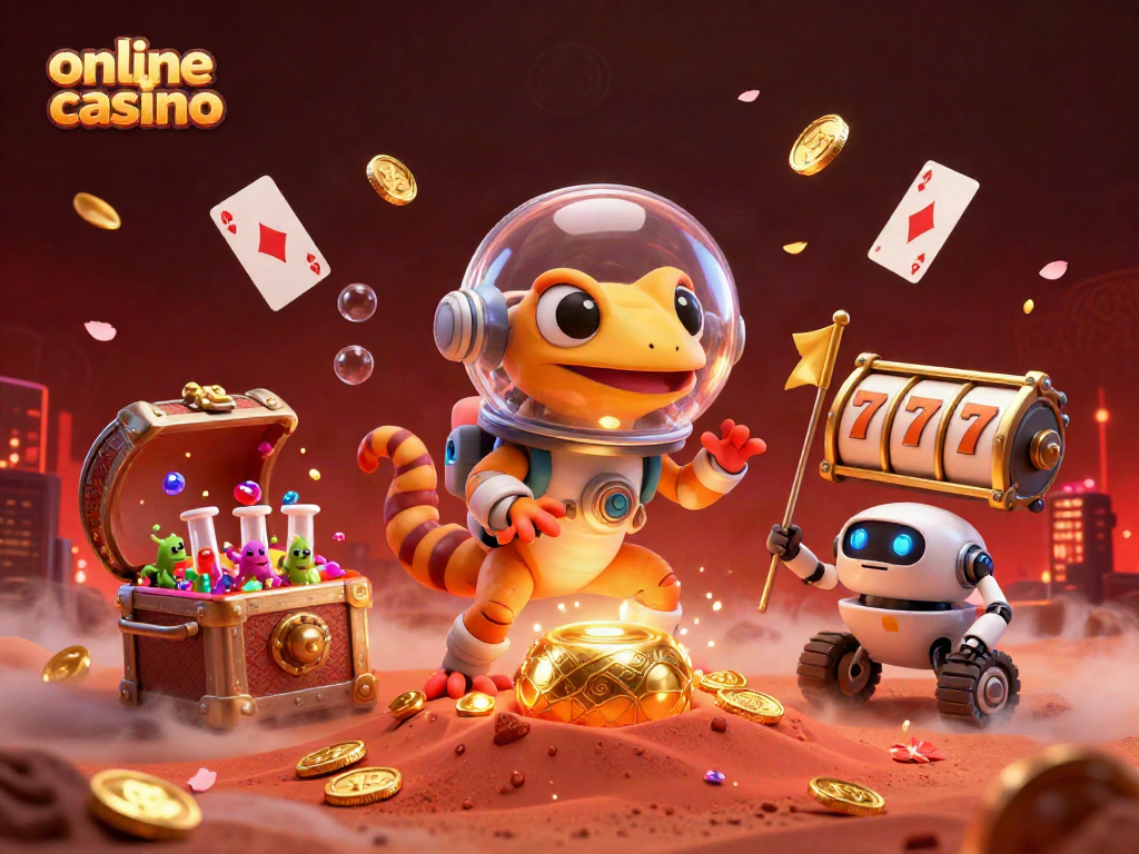 Experience the excitement of an online casino with a vibrant Martian scene featuring a gecko and casino games.