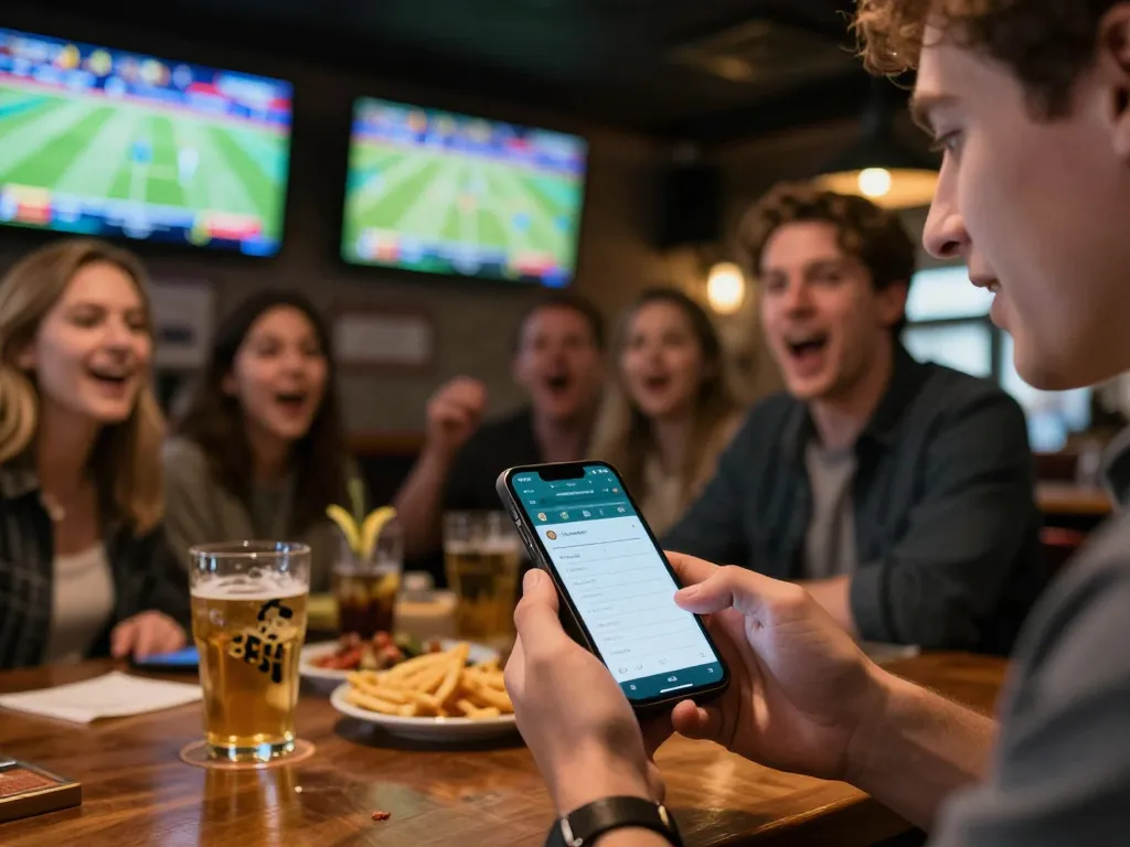 Engaged sports bettor checking 88aa app for live odds in a busy sports bar.