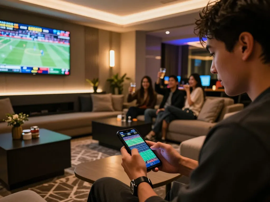 LV88 sports bettors placing bets in an elegant lounge atmosphere with live screens visible.