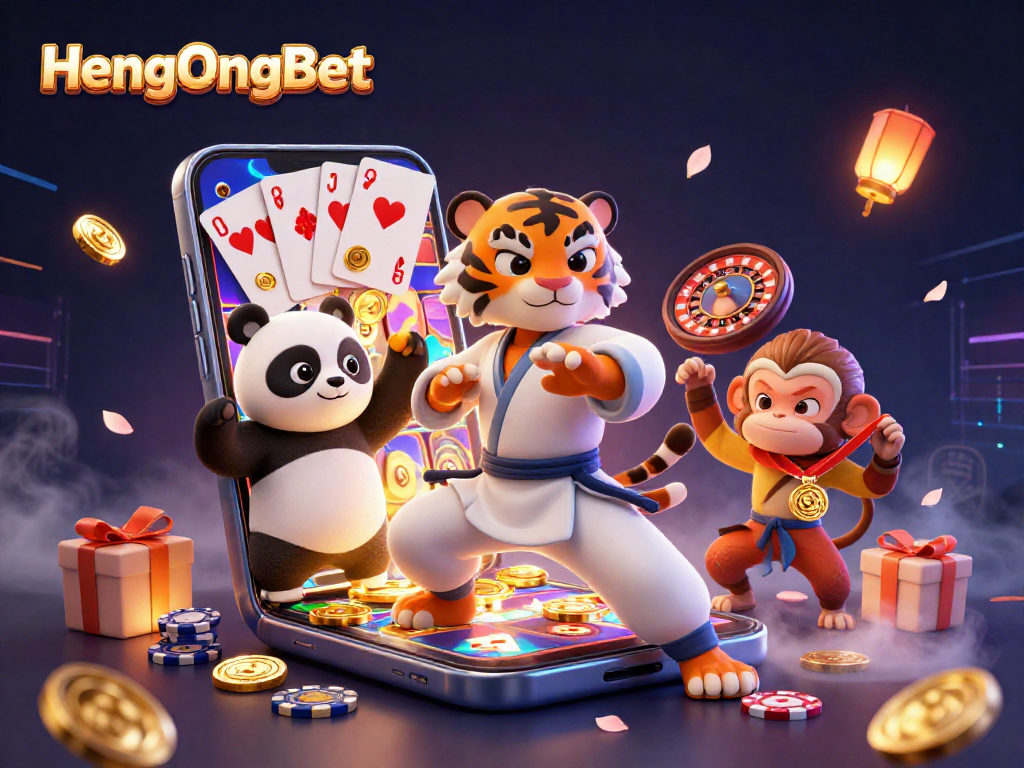 Engage with HengOngBet’s vibrant casino scene featuring a kung fu tiger and panda amidst dynamic gaming elements.