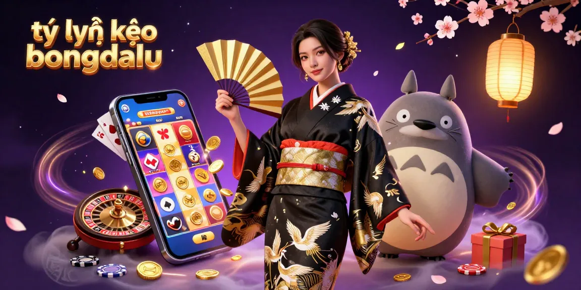 Tỷ lệ kèo bongdalu illustration showcasing engaging gambling elements with an elegant Asian woman and wise tanuki.