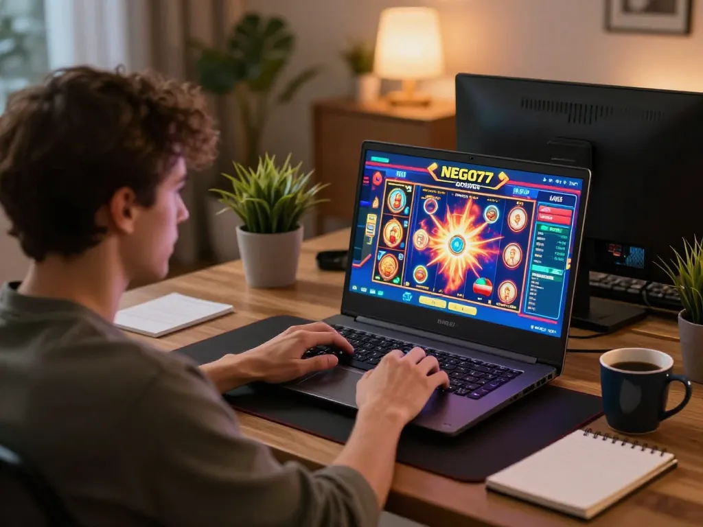 Player engaging with NEGO77 online casino from home, showcasing lively slot game interface and strategic gaming setup
