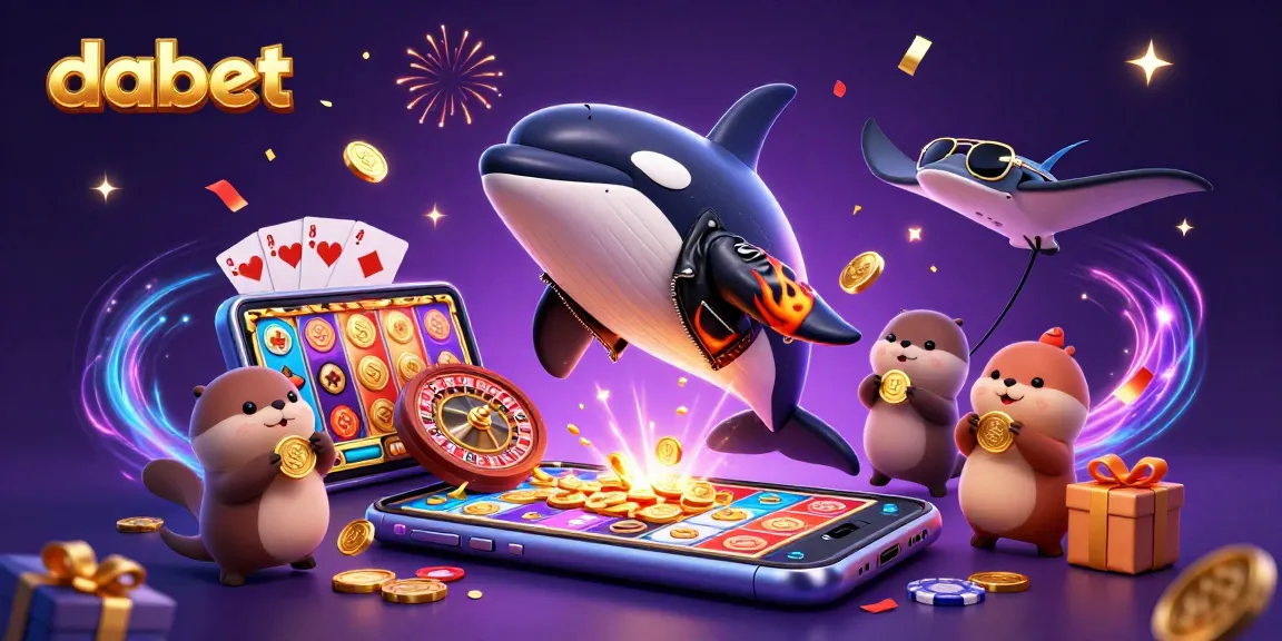 dabet casino illustration featuring an orca, stingray, and otters around slot games and poker elements.