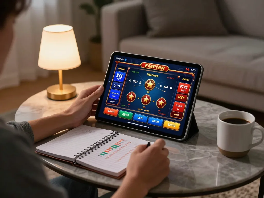 Engaging in online gambling with link gg88 displayed on a tablet in a cozy home environment.