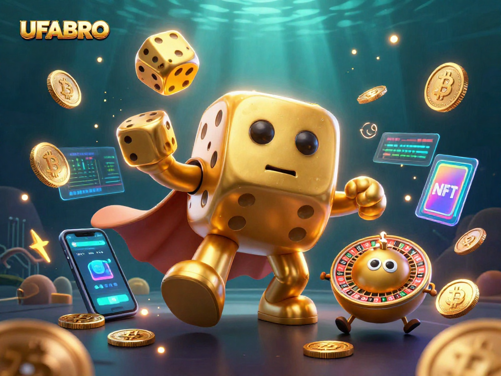 Win big with UFABRO in this vibrant online casino gaming scene featuring golden dice and crypto elements.