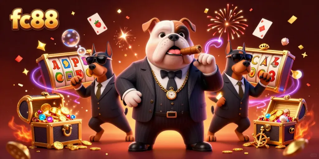 Experience thrilling wins at fc88 with an animated casino adventure illustration featuring slot machines and gold coins.