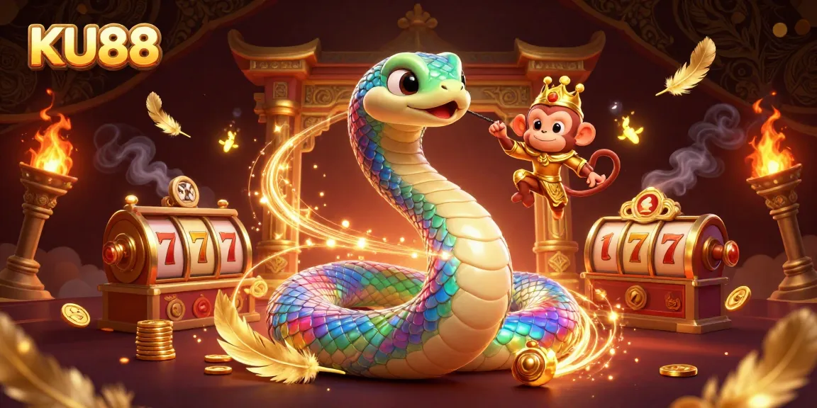 Spin the slots with KU88 in this captivating, vibrant casino illustration featuring magical elements.
