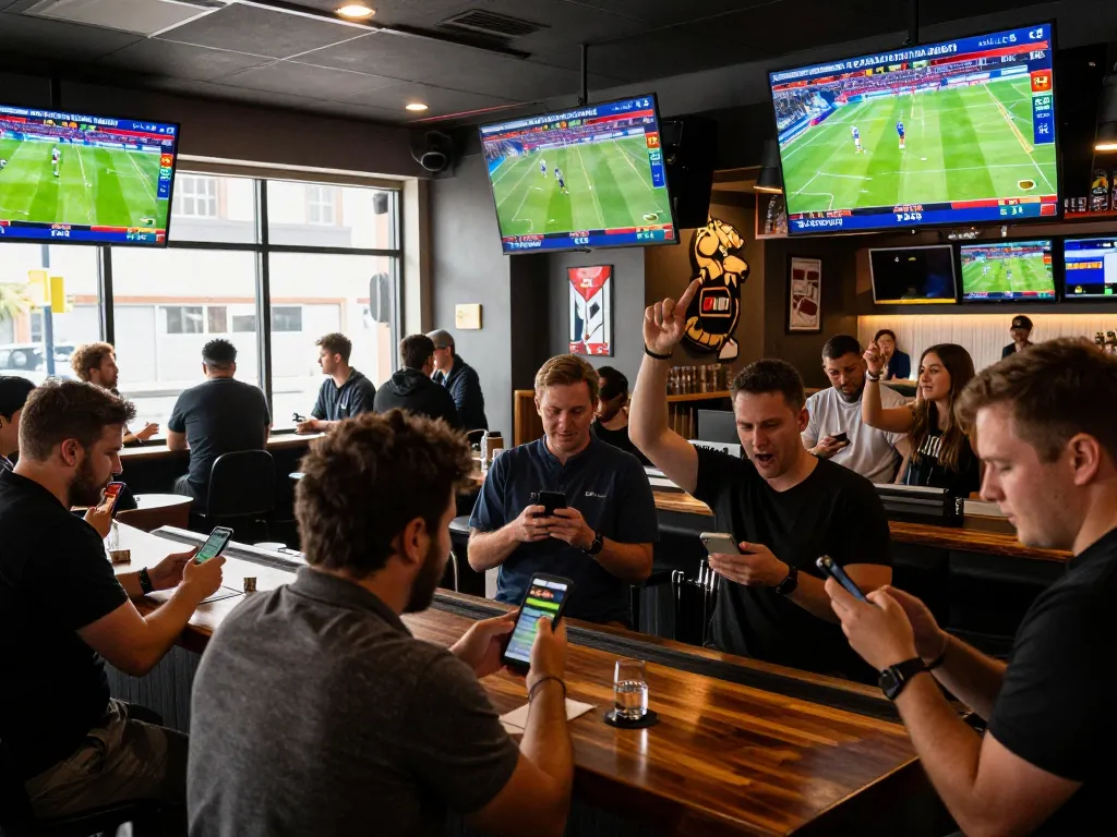 Berinteraksi dengan pembaruan skor langsung saat bertaruh pada olahraga dalam suasana bar olahraga modern