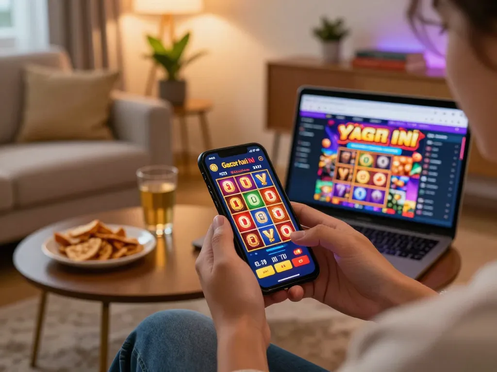 Playing slot gacor hari ini on a smartphone in a cozy living room with snacks.