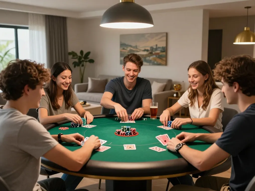 Sun win poker night with friends playing cards and sharing laughs around a round table.