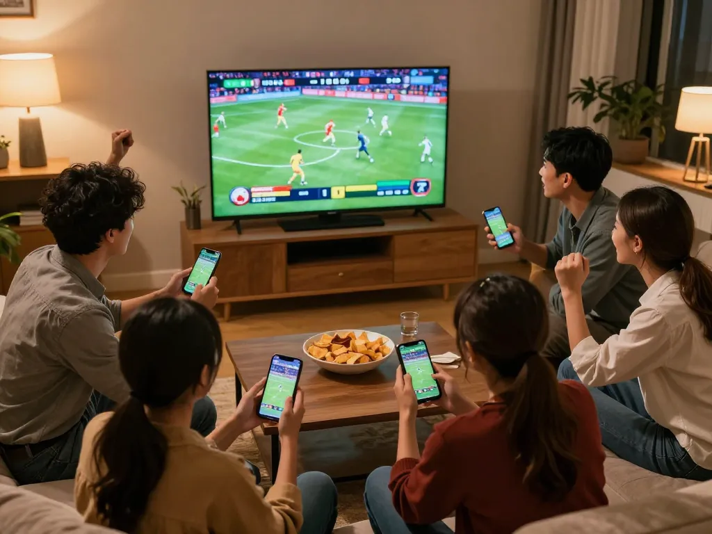 Soi Kèo lively sports betting scene with friends analyzing odds and cheering in a cozy living room