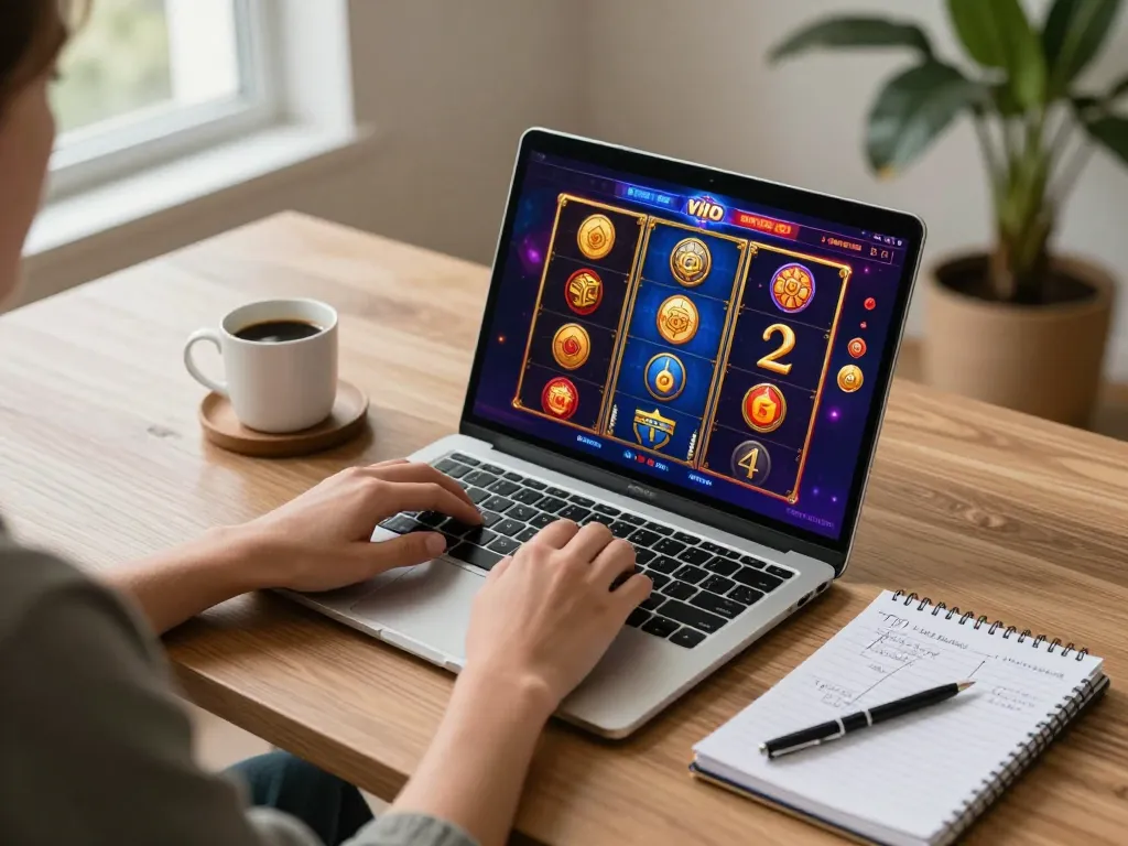 Online gaming at https://sc88.charity/ with vibrant slot games on laptop, cozy atmosphere captured beautifully