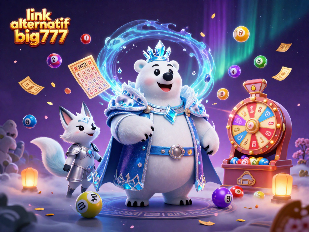 Exciting scene featuring link alternatif big777 with vibrant lottery balls, bingo cards, and casino elements.