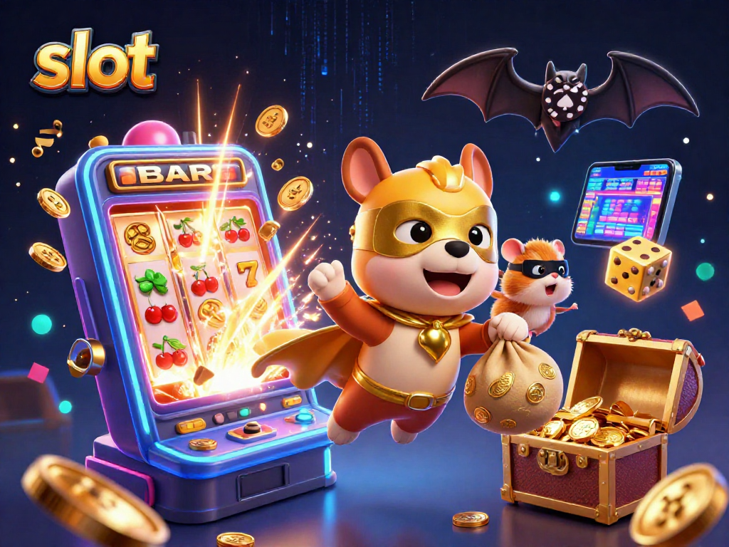 Experience thrilling slot adventures with our superhero dog and hamster duo amidst a jackpot explosion.