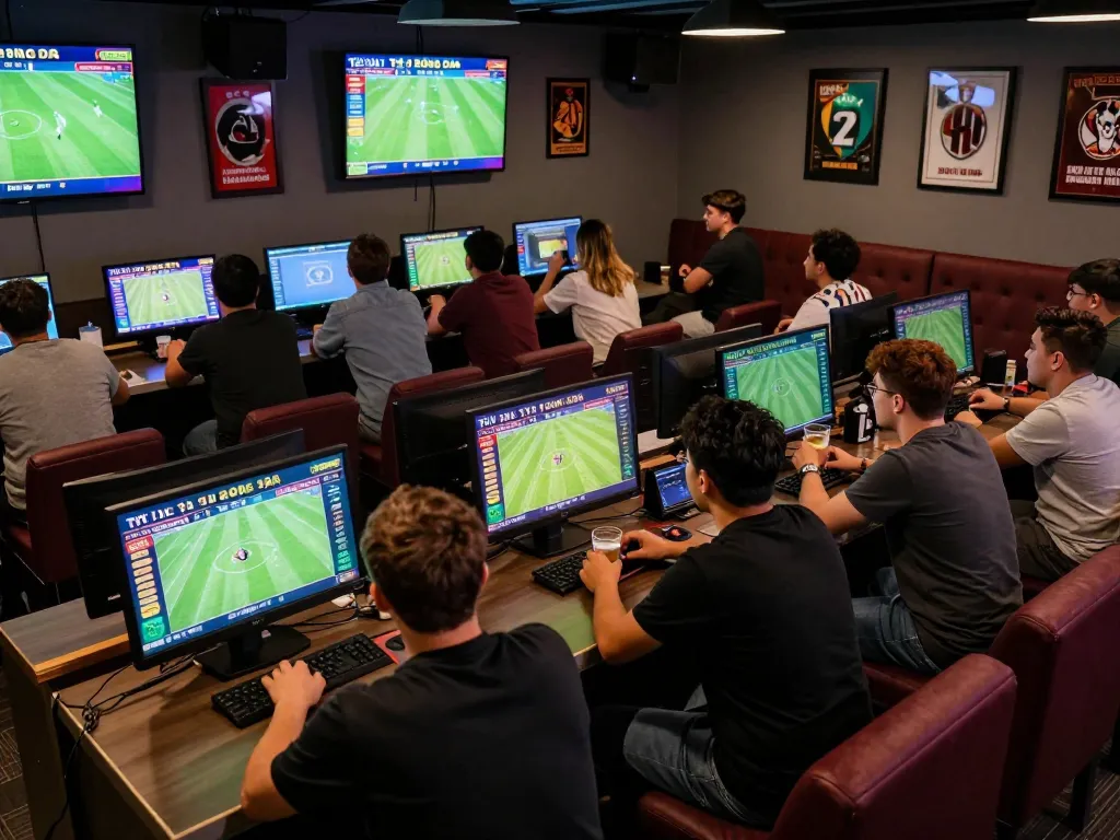 Tỷ Lệ Bóng Đá displayed prominently in sports betting lounge, enthusiastic fans engaged in wagering.