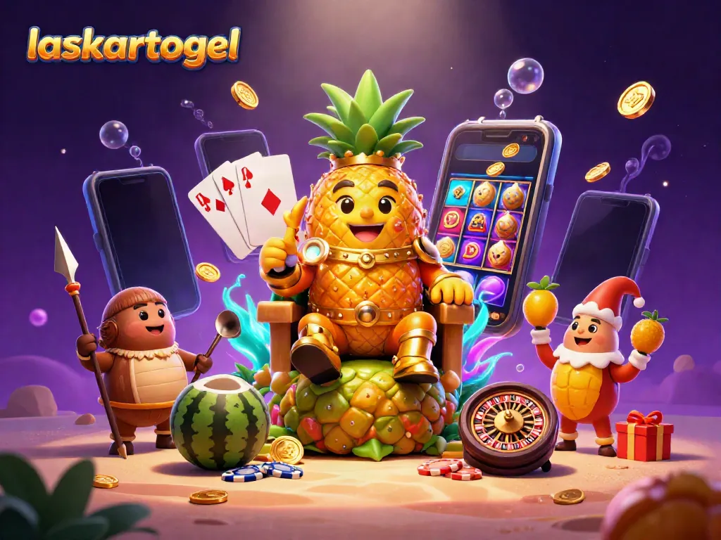 Play thrilling games at laskartogel with the vibrant casino scene featuring a pineapple king and playful elements.