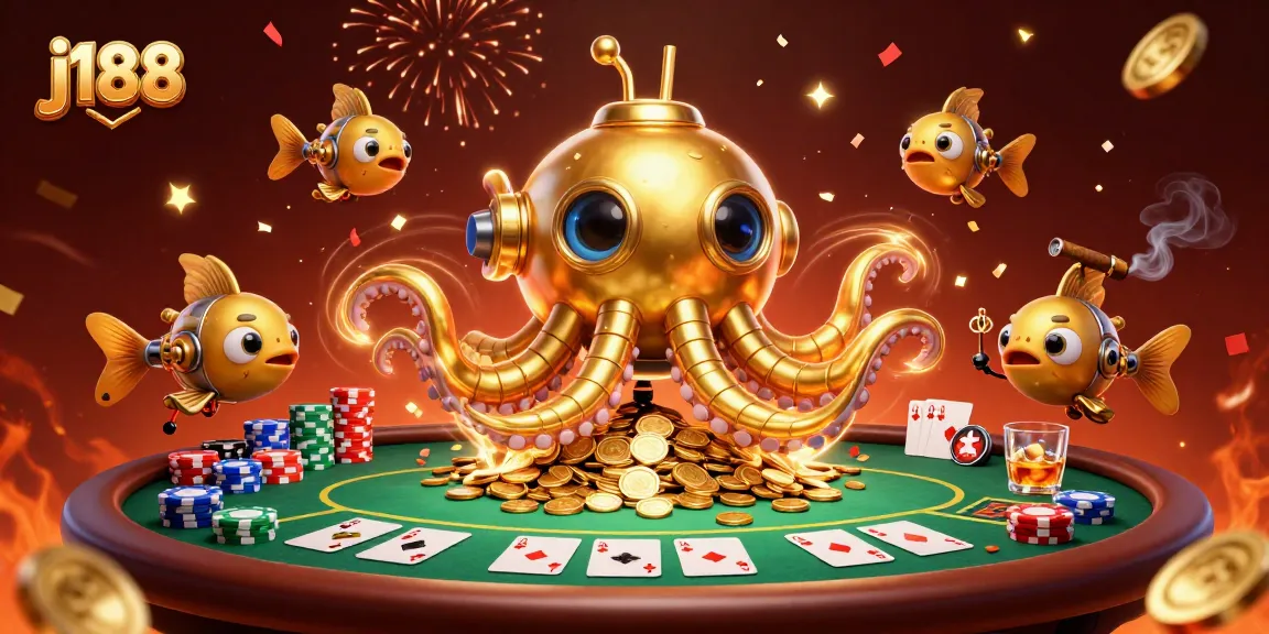 Engage in thrilling gameplay at j188 with a golden kraken submarine amidst a dynamic poker scene.