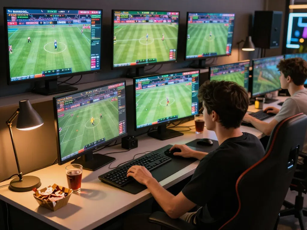 Betting on sports events at home while engaging with live odds during debet gaming.