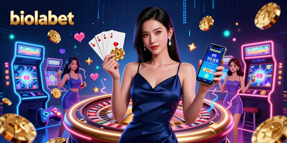 Rasakan kemenangan besar di biolabet dengan pemain percaya diri yang memegang chip emas dan aplikasi kasino.