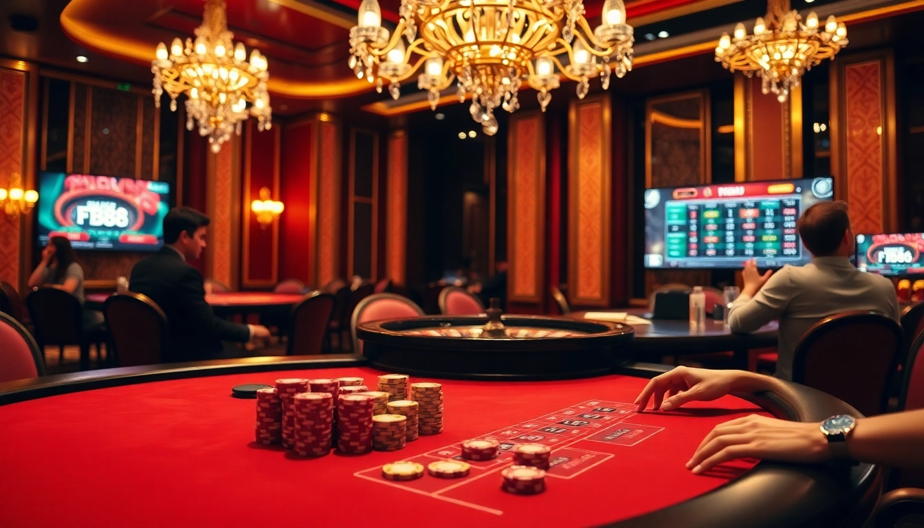 Engaged players enjoying poker at an FB88 gaming table in a vibrant casino setting.