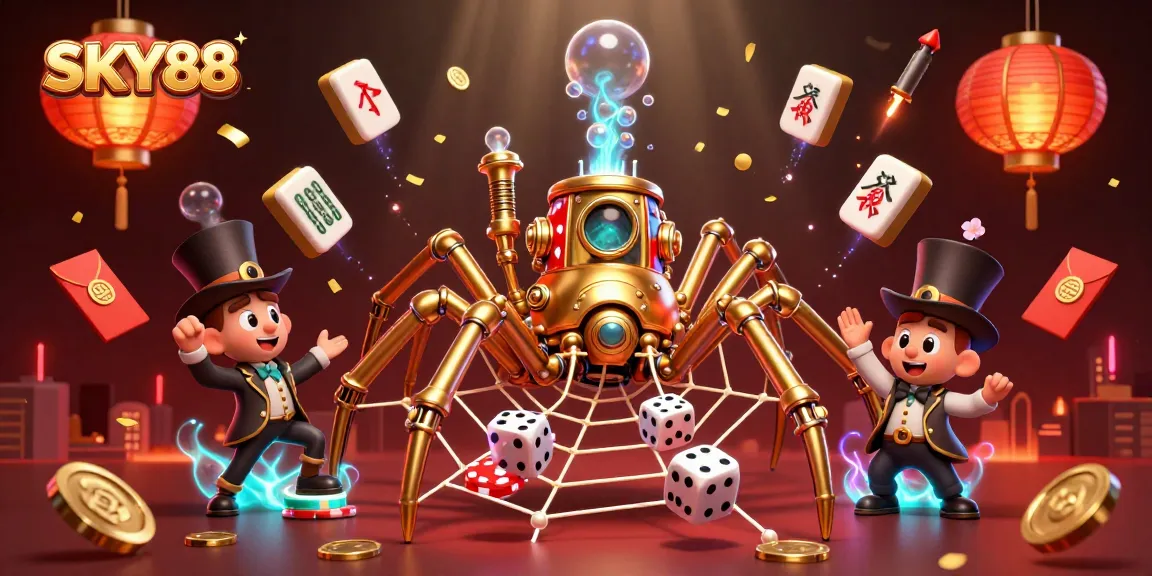 Experience thrilling gameplay with SKY88, where a spider catches dice in a vibrant casino web.