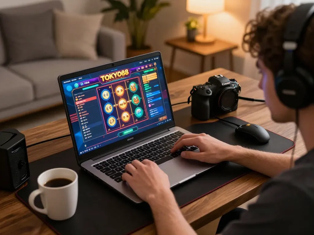 Pemain berinteraksi dengan slot tokyo88 di laptop dalam pengaturan permainan yang nyaman.