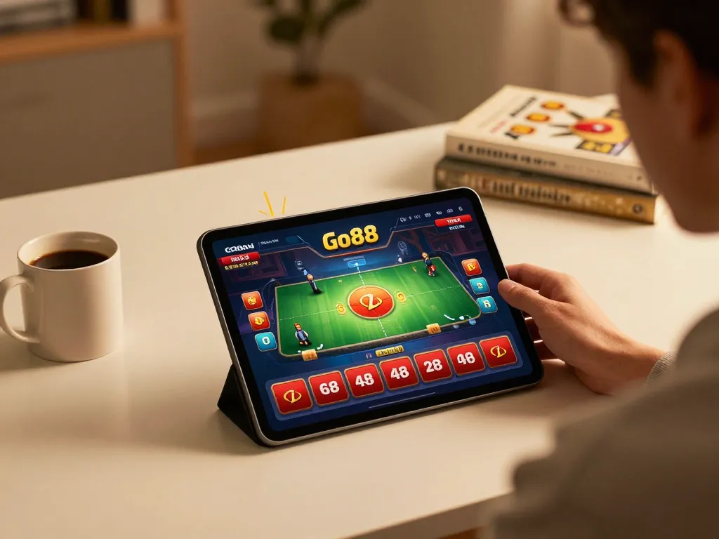 Engaging with the Go88 casino app for responsible gaming in a stylish home setup.