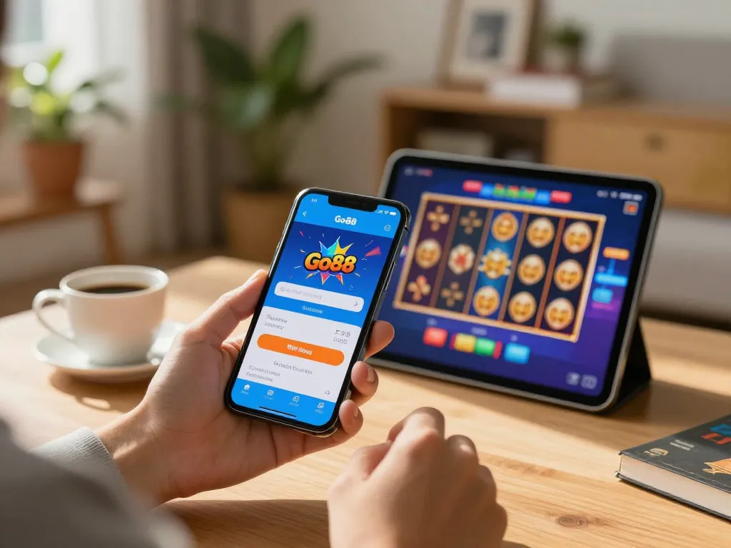 Người dùng tham gia chơi các trò chơi casino Go88 trên điện thoại thông minh trong không gian nhà ấm cúng