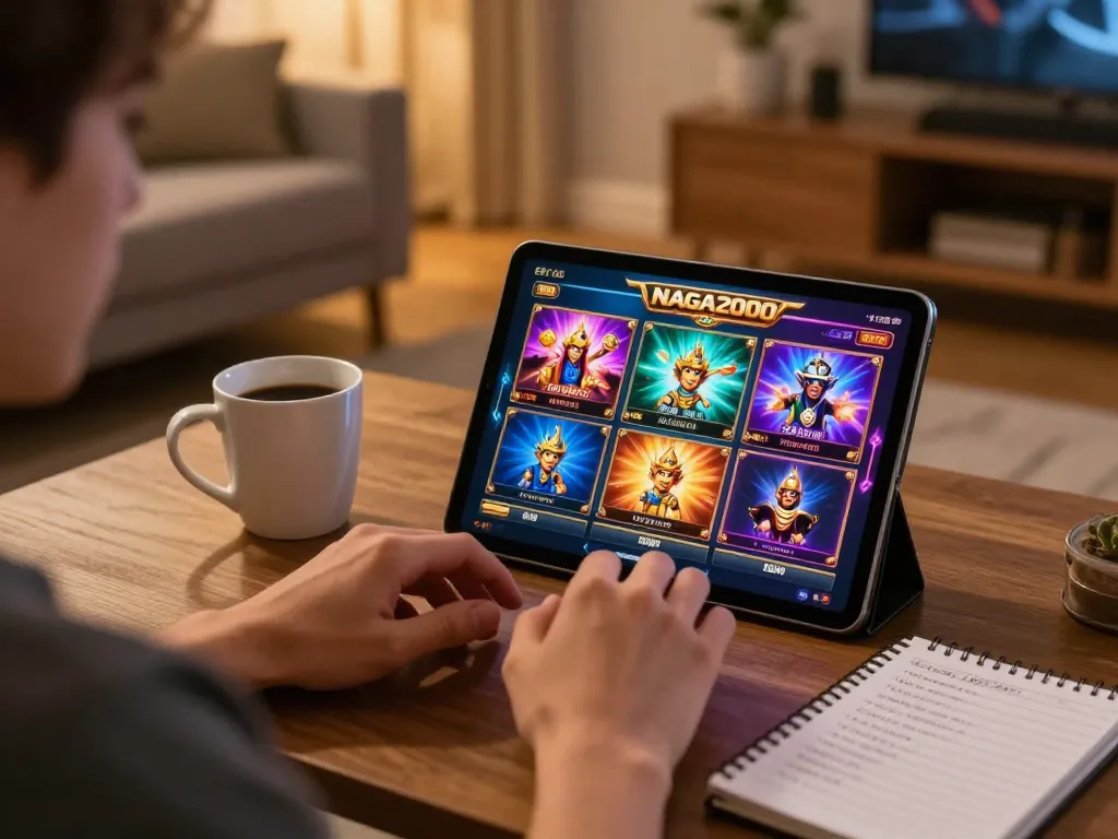 NAGA2000 player enjoying online slots with strategy notes in a cozy setup