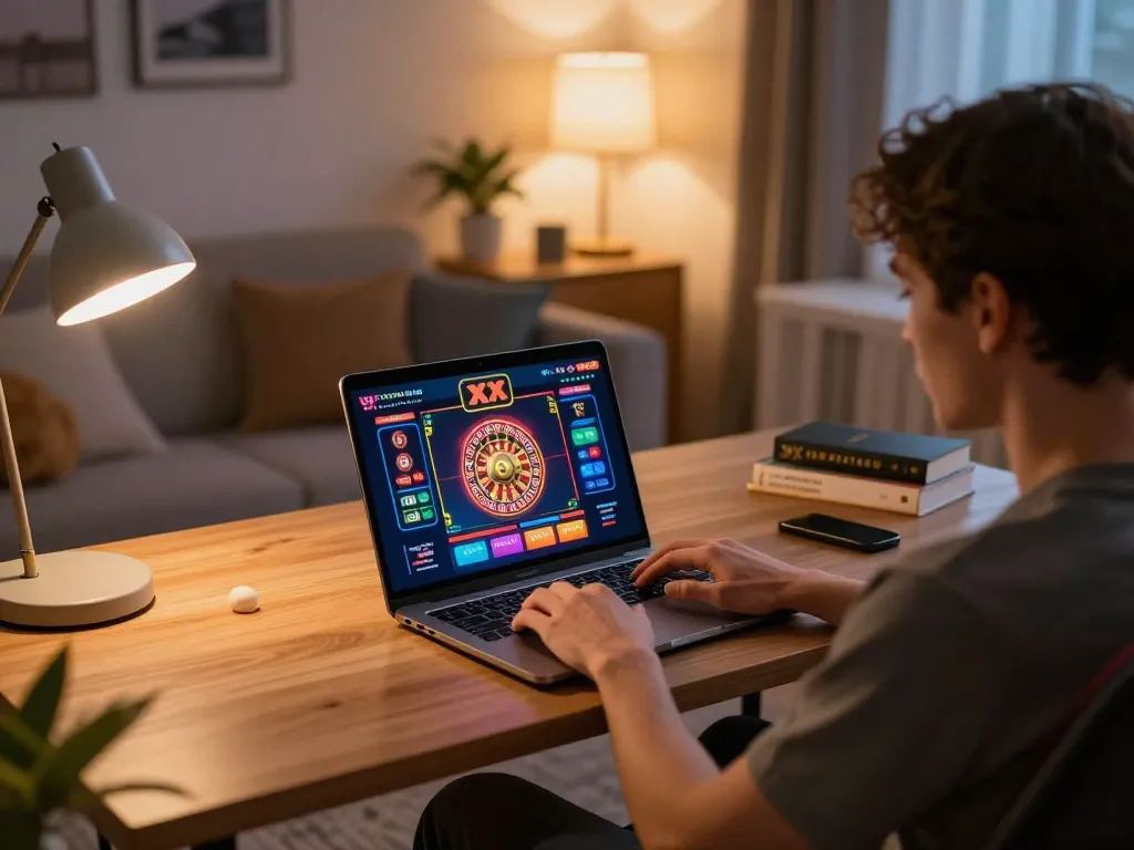 Player engaging with XX 88 casino interface on laptop at home, demonstrating strategic online gambling