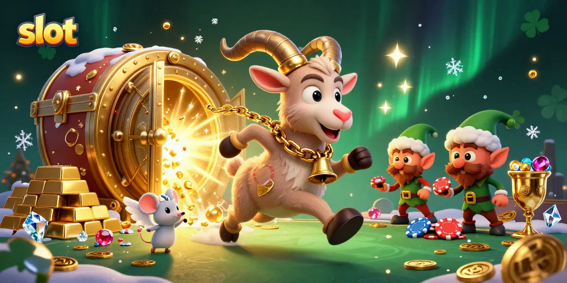 Memenangkan kemewahan slot di kasino raya dengan gambar 3D Krampus dan elf mencuri chip.