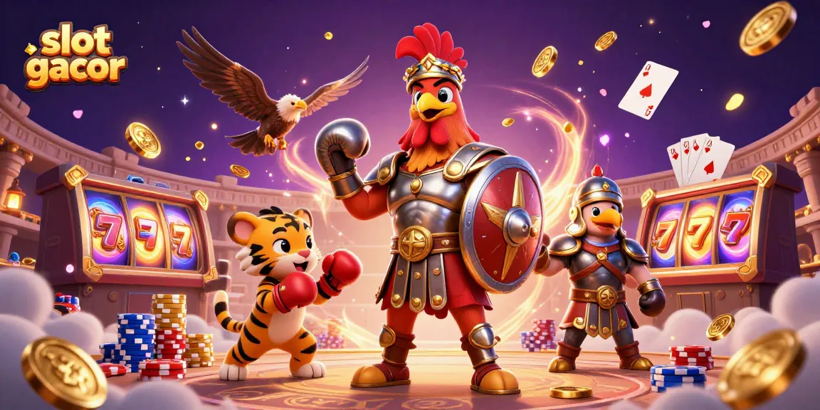 Menyaksikan slot gacor saat gladiator jantan dimainkan di arena, dikelilingi koin emas dan permainan kartu