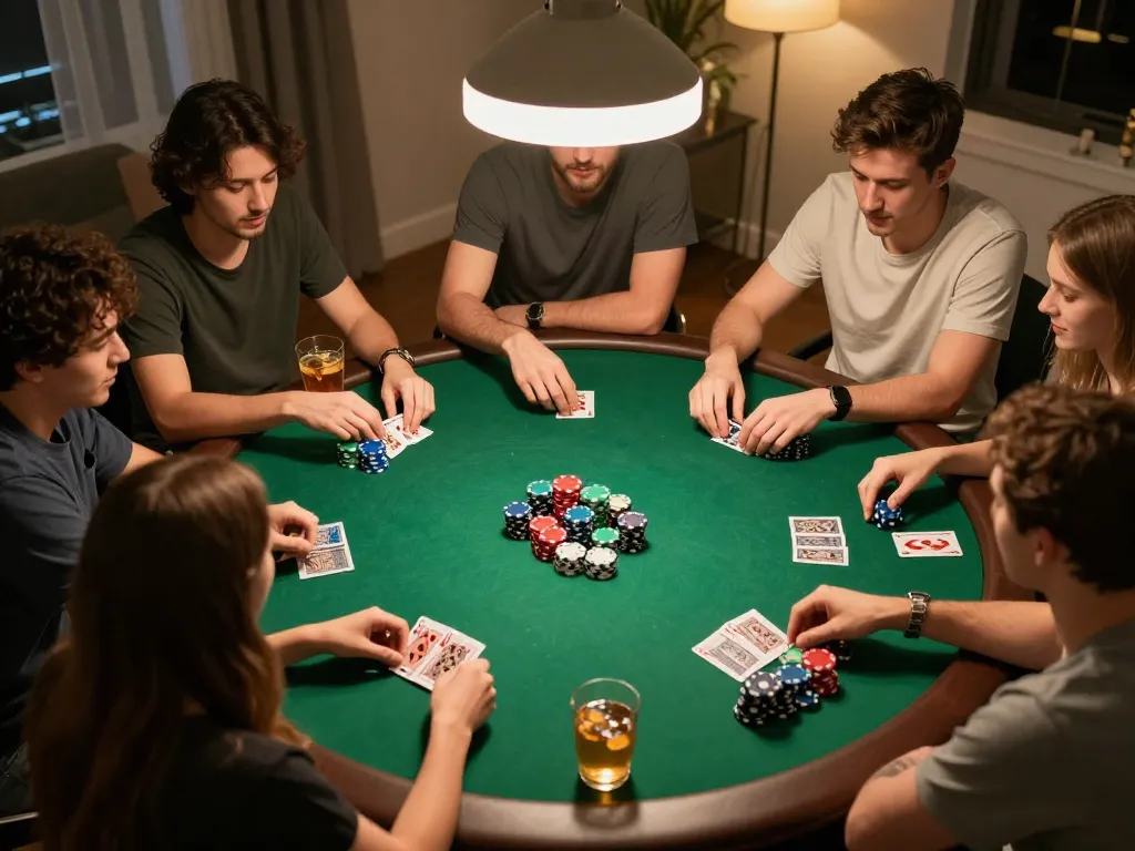 Friends enjoying a friendly poker night, highlighting the lively action and atmosphere at trang chủ fun79.