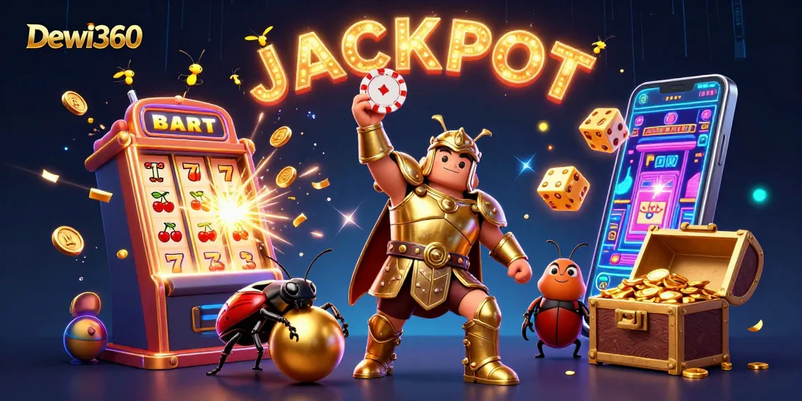 Dewi360 mengangkat chip poker, dikelilingi simbol slot dengan koin bersinar dan efek meriah.