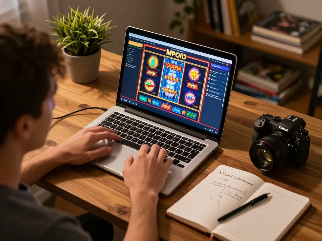 Engaging player accessing MPOID for online casino with vibrant slot graphics in a cozy home setting.