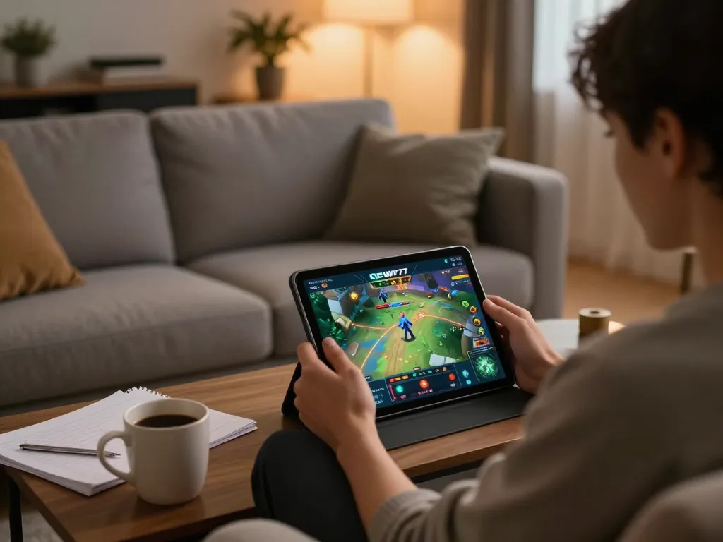 Aplikasi Dewi77 ditampilkan di tablet sementara pengguna menikmati permainan online dari rumah, fokus pada strategi.