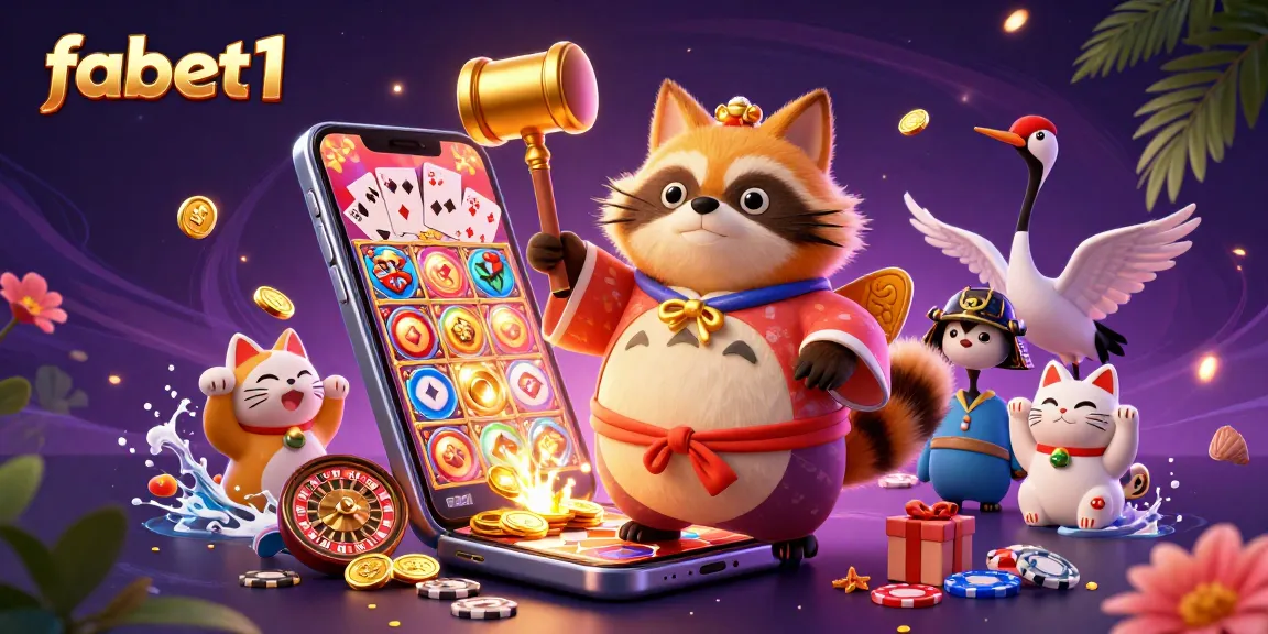 Join fabet1's vibrant scene with a cheerful tanuki, colorful slots, and lucky symbols for a winning experience.