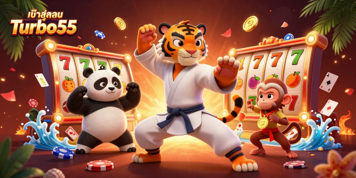 Engage with เข้าสู่ระบบ Turbo55 in this vibrant 3D casino scene featuring animated characters and games.