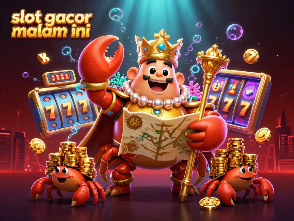 Putar slot gacor malam ini dengan karakter kepiting emas yang memegang peta harta karun dan dikelilingi simbol jackpot.