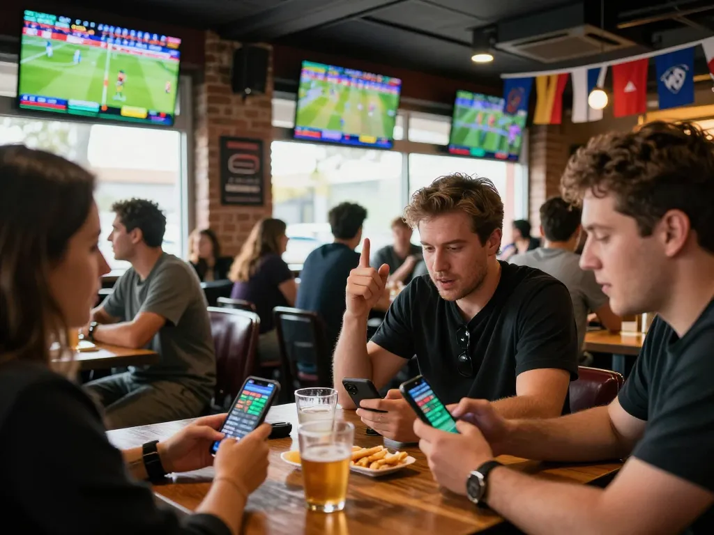 Betting enthusiast engaging with the ALO8 Live app while watching sports in an exciting environment.