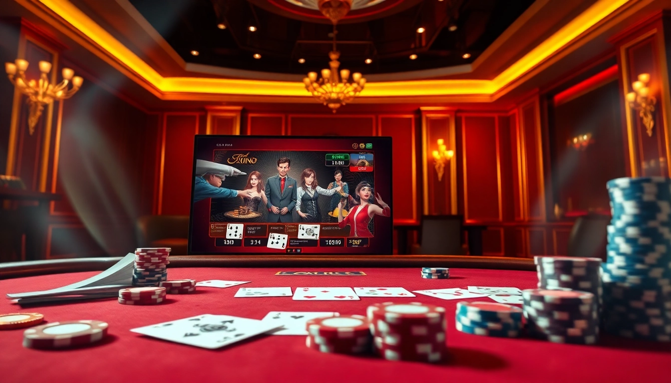 Lô Đề Trực Tuyến gambling table with cards and chips in a luxurious casino setting