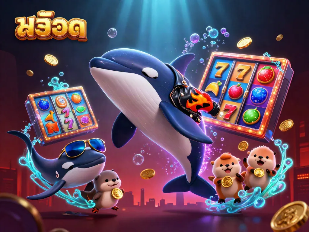 Spin the reels with สล็อต in a vibrant underwater casino scene featuring playful characters and glowing elements.