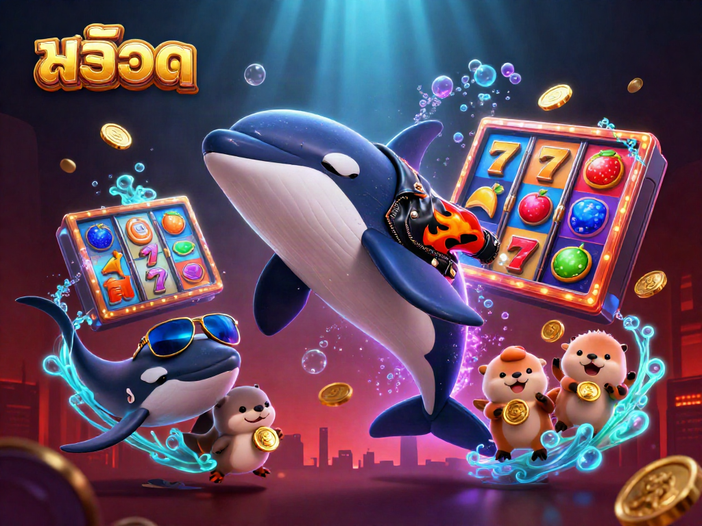 Spin the reels with สล็อต in a vibrant underwater casino scene featuring playful characters and glowing elements.