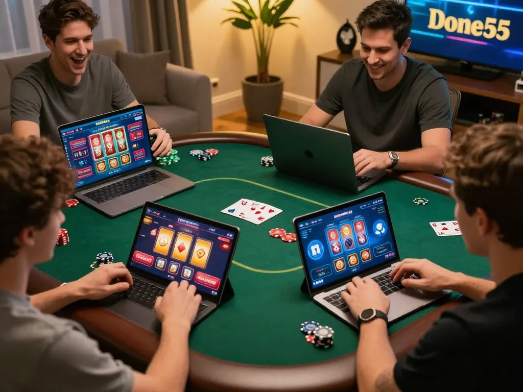 Players enjoying the Done55 app for real money gaming on their devices, depicting a lively online casino atmosphere