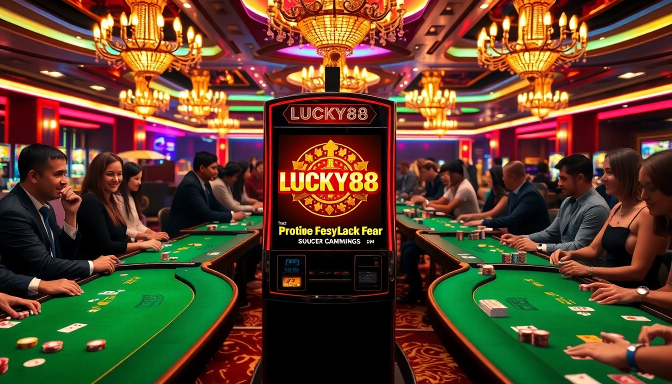 Engaged players enjoying the LUCKY88 slot machine in a vibrant casino atmosphere