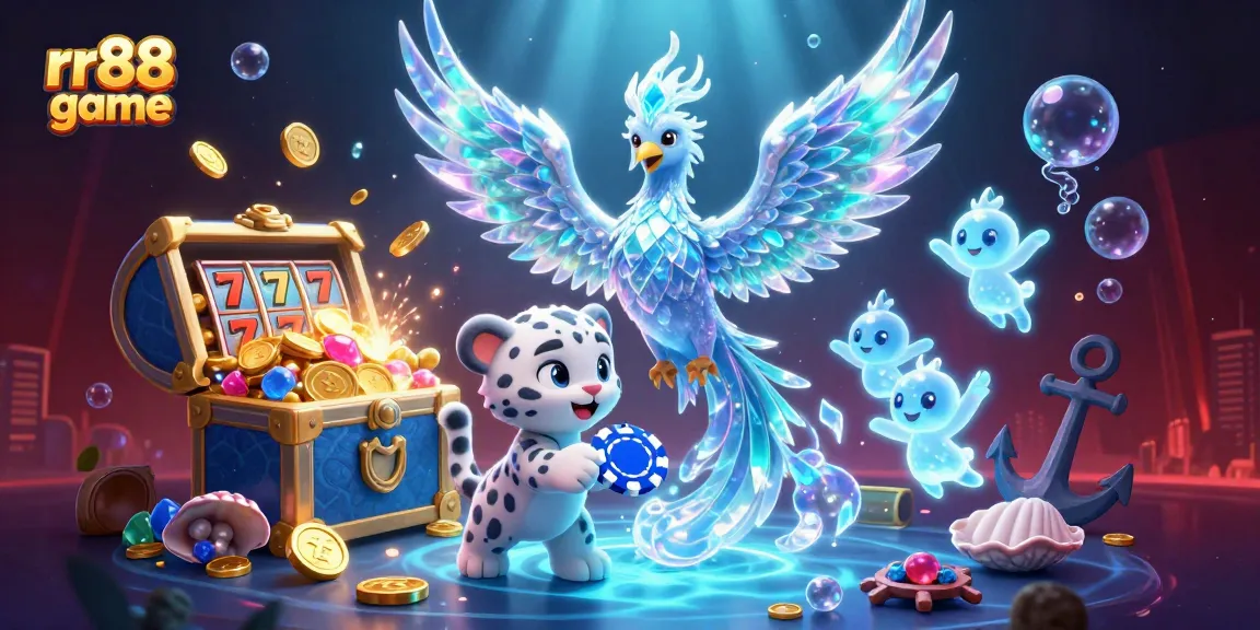 Engage with the exciting rr88 game featuring an ice phoenix, slot reels, and vibrant underwater elements.