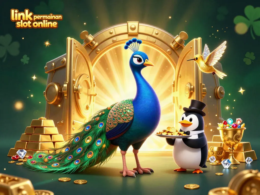 Tunjukkan link permainan slot online dengan ilustrasi 3D karakter kasino yang kaya emas dan batu permata.