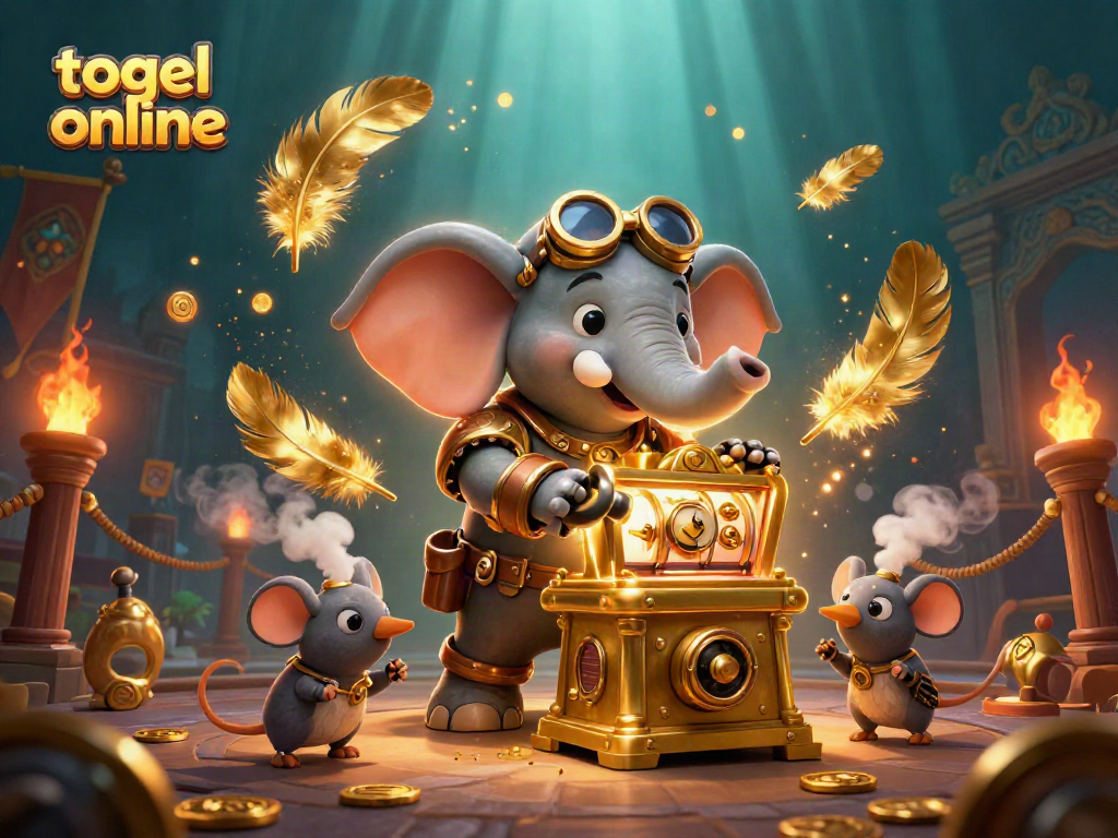 Engaging scene of a steampunk elephant operating a golden slot machine in a vibrant togel online atmosphere.